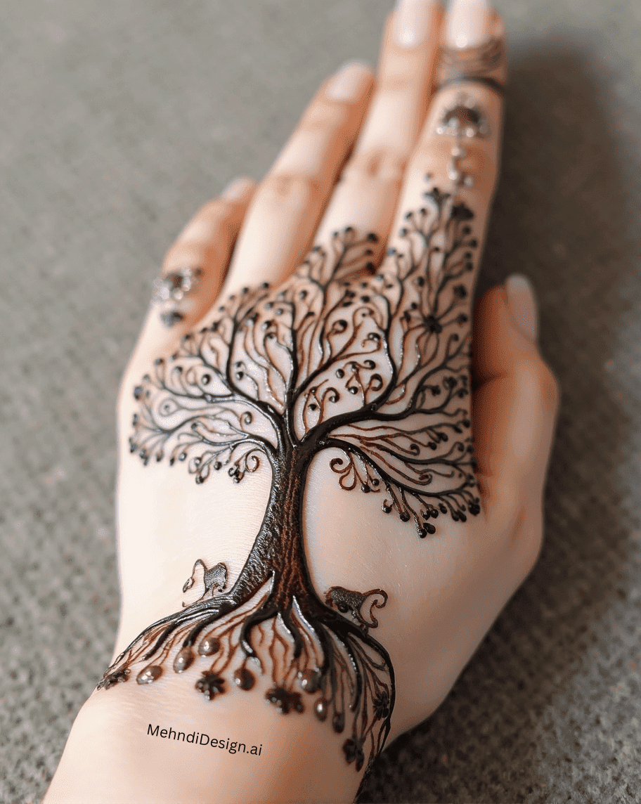 Life Tree Back Hand Mehndi Design 1