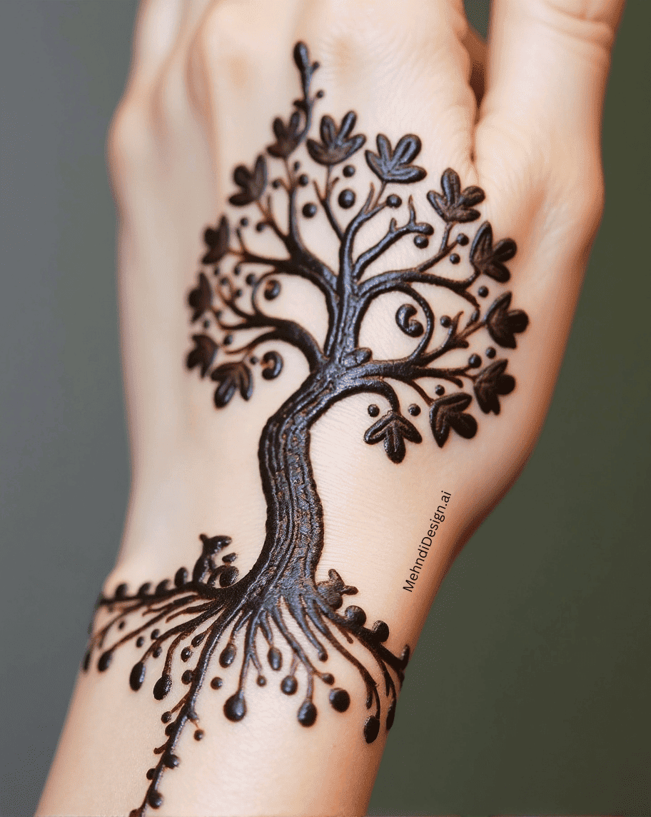 Life Tree Back Hand Mehndi Design 2